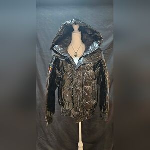 LIT Glossy Black Holographic High-Shine Hooded Puffer Jacket NWT